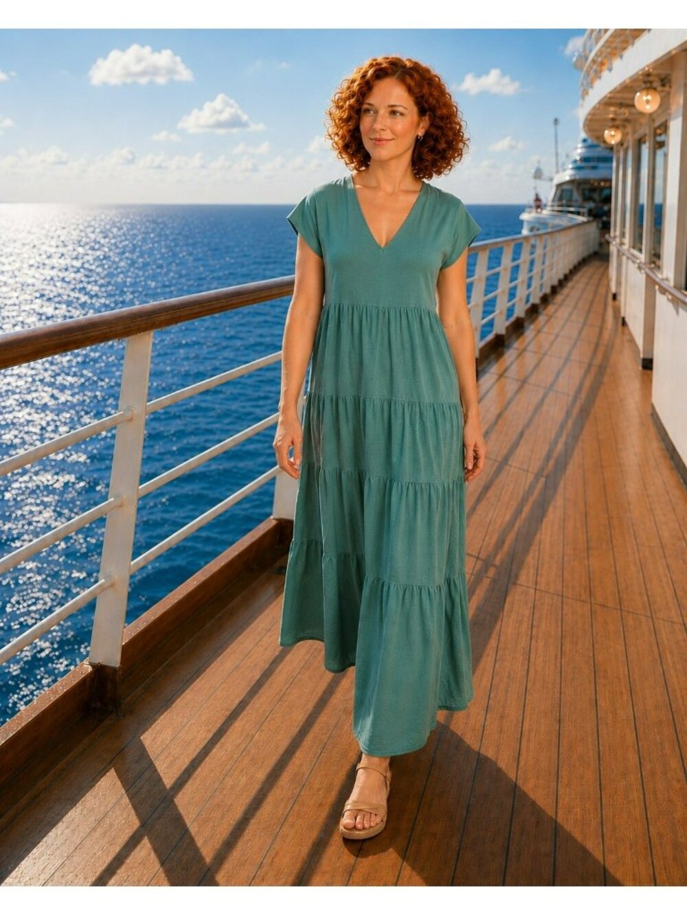 Three Hearts Made in Italy 3 Tiered Maxi Dress Deep V-Neckline 100% Cotton Short